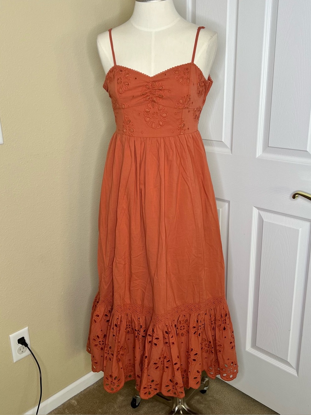 American Eagle Outfitters Rust Eyelet Maxi Dress with Open Back Bow Tie